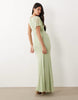 Draped Mesh Asymmetric Sleeve Maxi Dress In Sage Green