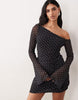 Printed Mesh Off Shoulder Mini Dress With Angel Sleeve In Spot Print