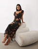 Draped Off Shoulder Scarf Detail Double Layer Maxi Dress In Orange Floral Print