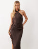 Halter Neck Scarf Detail Asymmetric Satin Midaxi Dress In Dark Chocolate
