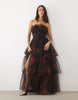 Lace & Beads Tulle Bandeau Ruffle Tiered Maxi Dress In Black Floral