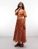 Reclaimed Vintage Midi Tea Dress With Fluttter Sleeves In Rust Floral