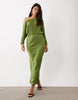 Fallen Shoulder Maxi Dress In Olive Green