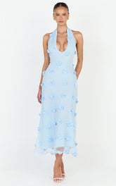 Azalea Midi Dress - Halter Neck 3D Floral Fit And Flare Dress in Blue