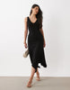 V Neck Hanky Hem Soft Slinky Midi Dress In Black