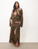 Printed Floral Mesh Blouson Maxi Dress With Cut Out In Brown