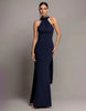 Goddiva Sculpting Stretch Jersey & Velvet Satin Cape Sleeve Halterneck Maxi Dress In Navy