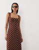 Square Neck Seam Detail Midi Dress In Chocolate Polka Dot