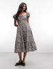 Daisy Street Puff Sleeve Tiered Midaxi Dress With Tie Bust In Grey Check