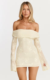 Raymond Mini Dress - Off Shoulder Long Sleeve Fitted Dress in Lemon