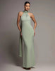 Goddiva Sculpting Stretch Jersey & Velvet Satin Cape Sleeve Halterneck Maxi Dress In Sagegreen