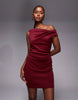 Off Shoulder Sculpted Mini Dress In Burgundy Scuba-Style Fabric