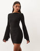 Mesh Waterfall Sleeve Ruched Mini Dress In Black
