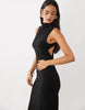 High Neck Slinky Maxi Dress With Lace Godets And Open Back In Black