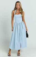 Helda Midi Dress - Halter Tie Neck Corset Panel Dress in Soft Blue