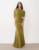 Off Shoulder Wrap Bodice Detail Maxi Dress With Train In Green
