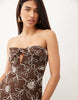 Embroidered Crochet Bandeau Midi Dress In Brown