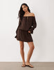 Cotton On Boho Off Shoulder Ruffle Mini Dress In Dark Oak