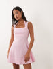 Petite Square Neck Mini Dress With Peekaboo Bust In Pink Gingham