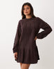 Nobody'S Child Denise Pointelle High Neck Panelled Peplum Hem Mini Dress In Brown