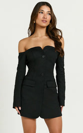 Anabelle Mini Dress - Tailored Off Shoulder Dress in Black