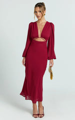 Artola Midi Dress - Front Cut Out Long Sleeve Dress in Wine