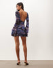 Printed Mesh Waterfall Sleeve Ruched Mini Dress In Purple Butterfly Print