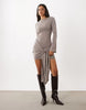 Kaiia Exclusive Knitted Cowl Back Knot Drape Waist Detail Mini Dress In Taupe