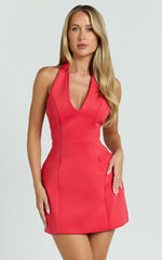 Gaia Mini Dress - Plunge Halter Fit and Flare Dress in Red