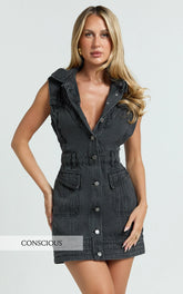Jasse Mini Dress - Hardware Button Through Denim Dress in Washed Black
