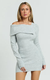 Tess Mini Dress - Asymmetric Off Shoulder Long Sleeve Knit Dress in Light Grey Marl