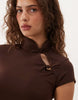 Cap Sleeve With Mandarin Collar And Dropped Waist Midi Dress Brown