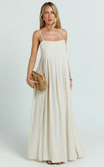 Yanna Midi Dress - Square Neckline Pleated Dress in Beige