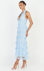 Azalea Midi Dress - Halter Neck 3D Floral Fit And Flare Dress in Blue
