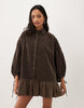 Hybrid Cord Shirt Mini Dress With Balloon Sleeve And Voile Hem In Washed Chocolate