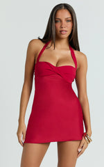 Flynn Mini Dress - Satin Halter Sweetheart Neck Dress in Red