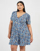 Brave Soul Curve Floral Puff Sleeve V-Neck Mini Dress In Blue