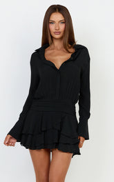 Reef Mini Dress - Long Sleeve Ruffle Skirt Shirt Dress in Black