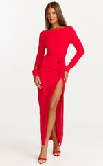 Vivienne Midi Dress - Boat Neck Long Sleeve Rosette Detail Dress in Red