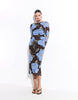 New Look Polka Dot Floral Mesh Midi Dress In Blue & Brown