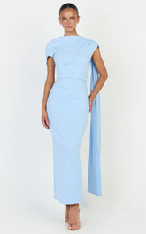 Visenta Midi Dress - Asymmetrical Sleeve Dress in Blue