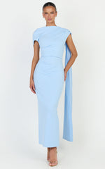 Visenta Midi Dress - Asymmetrical Sleeve Dress in Blue