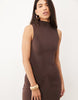 High Neck Godet Detail Column Maxi Dress In Brown