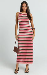 Yasmine Maxi Dress - Boat Neck Backless Stripe Knit Stripe Dress in Multi