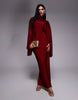 Funnel Neck Satin Maxi Dress With Exaggerated Sleeves In Burgundy