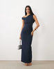 Vesper Bengaline Asymmetric Off Shoulder Ruched Front Maxi Dresss In Navy