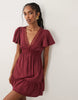 New Look Lace Trim Flutter Sleeve Mini Dress In Burgundy