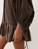 Hybrid Cord Shirt Mini Dress With Balloon Sleeve And Voile Hem In Washed Chocolate