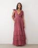 Lace & Beads Madison Tulle Bow Shoulder Plunge Neck Maxi Dress In Dusty Pink