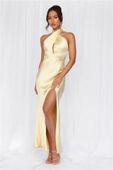 123 PROM The Adeline Halter Satin Maxi Dress Yellow